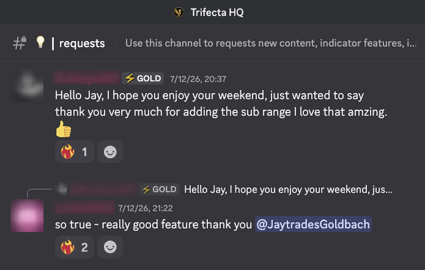 Private community feedback praising a newly added product feature