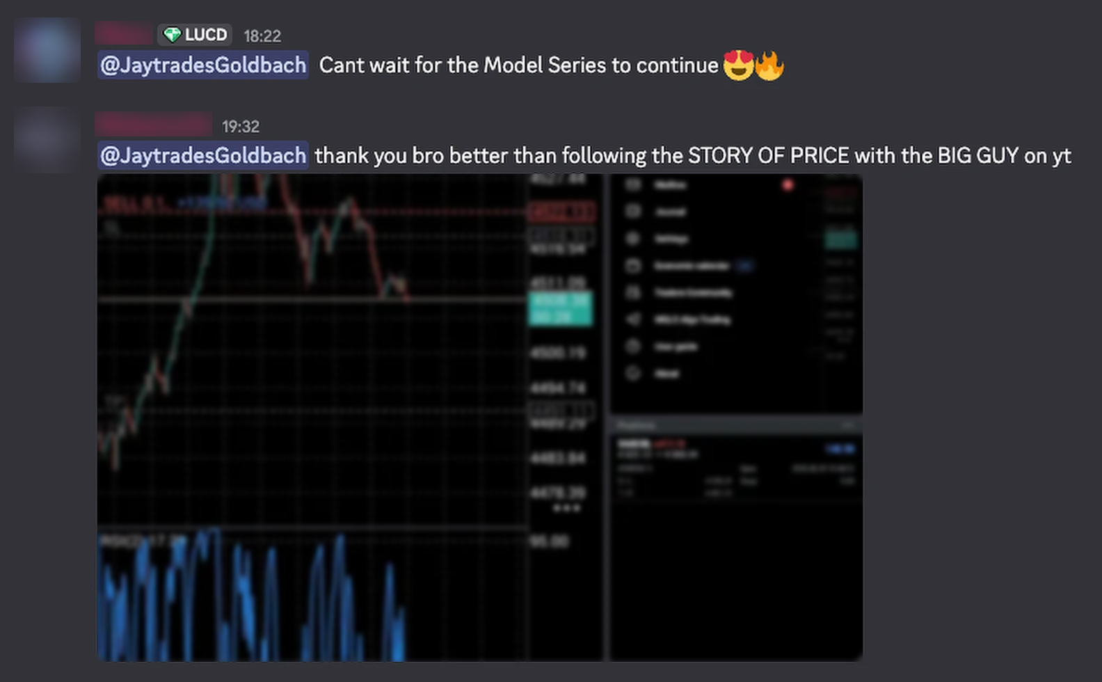 Private community feedback looking forward to the next Model Series lesson and thanking Jay while sharing a winning trade screenshot
