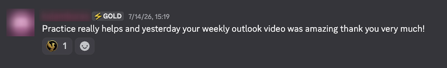 Private community feedback praising the weekly outlook and the value of practice